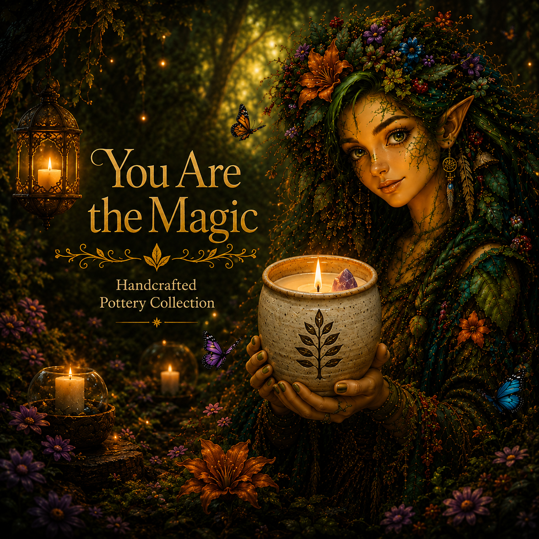 Forest elf holding a handcrafted pottery candle vessel — Bewitching Eden Handcrafted Pottery Collection